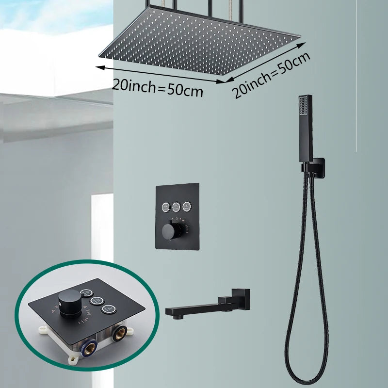 Matte black Rozin thermostatic shower faucet with concealed installation, ceiling rainfall shower head, and bath mixer tap by 𝕄𝕔 𝕋𝕙𝕖 𝔹𝕝𝕒𝕔𝕜 𝔻