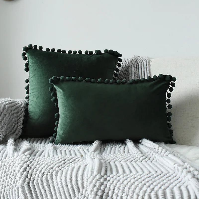 MC THE BLACK DIAMOND velvet throw pillow cover with pom-pom accents, large solid cushion case for sofa or home decor.