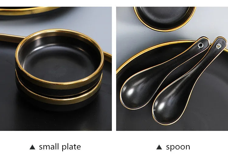 Set of matte gold inlay black porcelain dinnerware from MC THE BLACK DIAMOND, including plates and bowls for kitchen use.