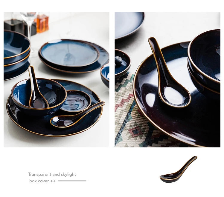 Deep blue ceramic dinnerware set by 𝕄𝕮 𝕋𝕙𝕖 𝔹𝕝𝕒𝕔𝕜 𝔻𝕚𝕒𝕞𝕠𝕟�