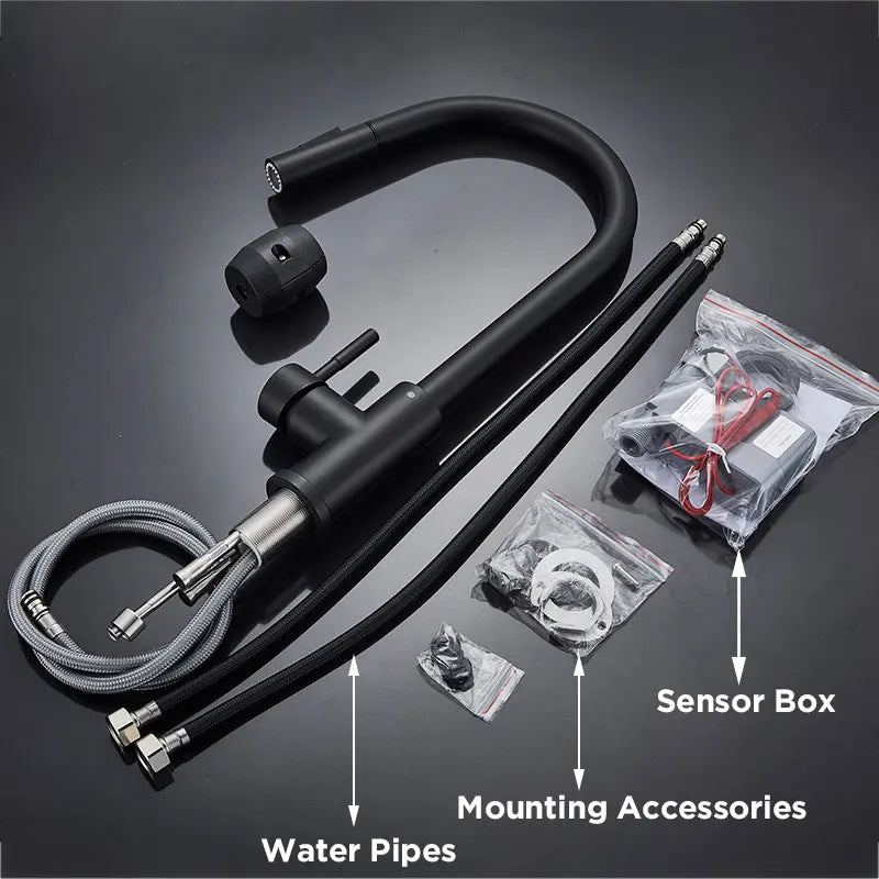 Black MC THE BLACK DIAMOND kitchen sink faucet with pull-out sensor, touch control, and mixer tap for hands-free kitchen use.