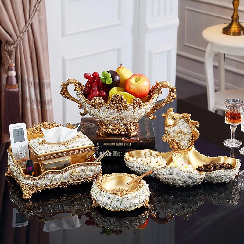 European Resin Diamond Fruit Plate decorative bowl by MC THE BLACK DIAMOND, featuring dried fruit and candy display on a home living room table.