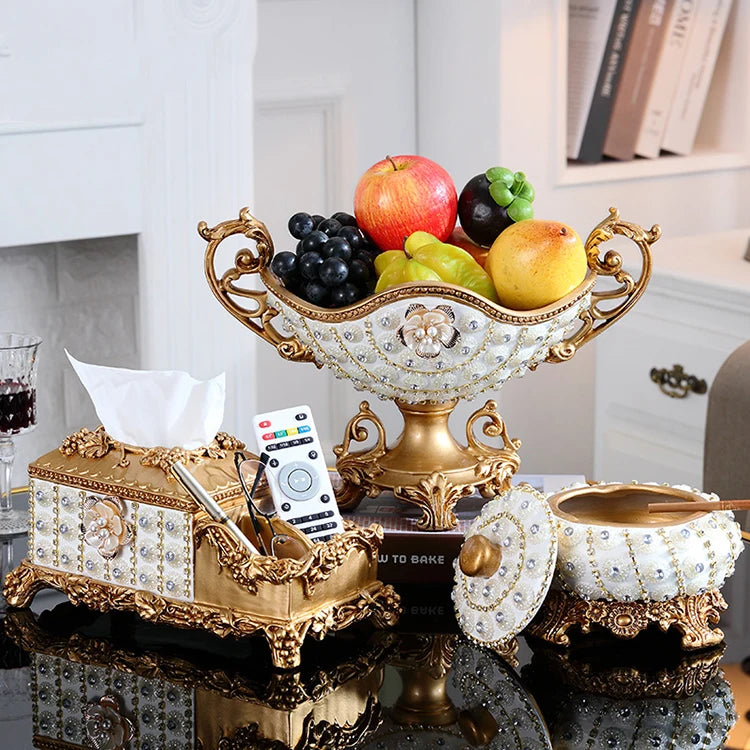 European Resin Diamond Fruit Plate decorative bowl by MC THE BLACK DIAMOND, featuring dried fruits and candy on a home living room table.