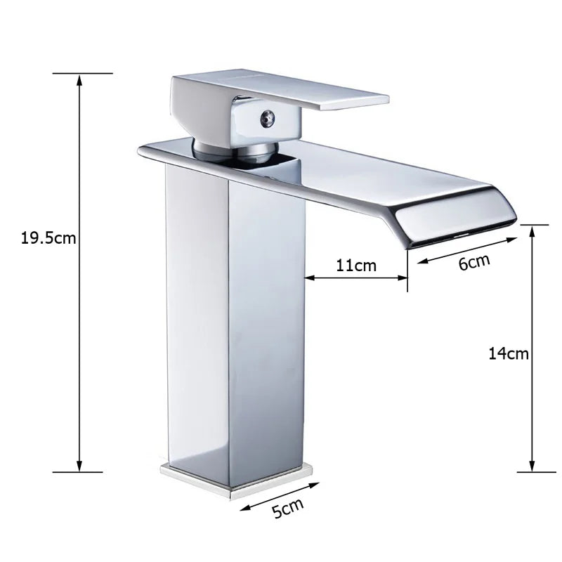 Black waterfall bathroom faucet by MC THE BLACK DIAMOND mounted on a vessel sink for modern bath decor.