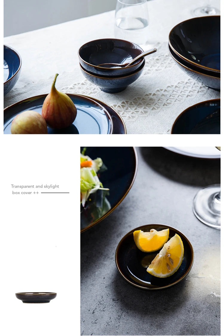 Deep blue ceramic dinnerware set featuring plates and bowls from 𝕄𝕔 𝕋𝕙𝕖 𝔹𝕝𝕒𝕔𝕜 𝔻𝕚𝕒𝕞𝕠