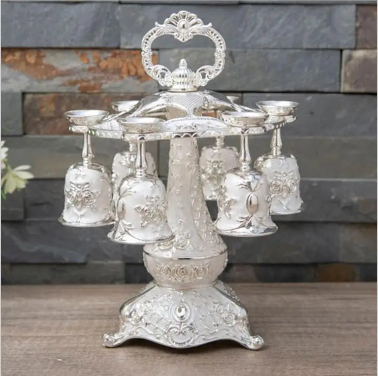 Set of six Europe metal decorative whiskey cups in gold and silver, featuring intricate designs for stylish whiskey or vodka serving.