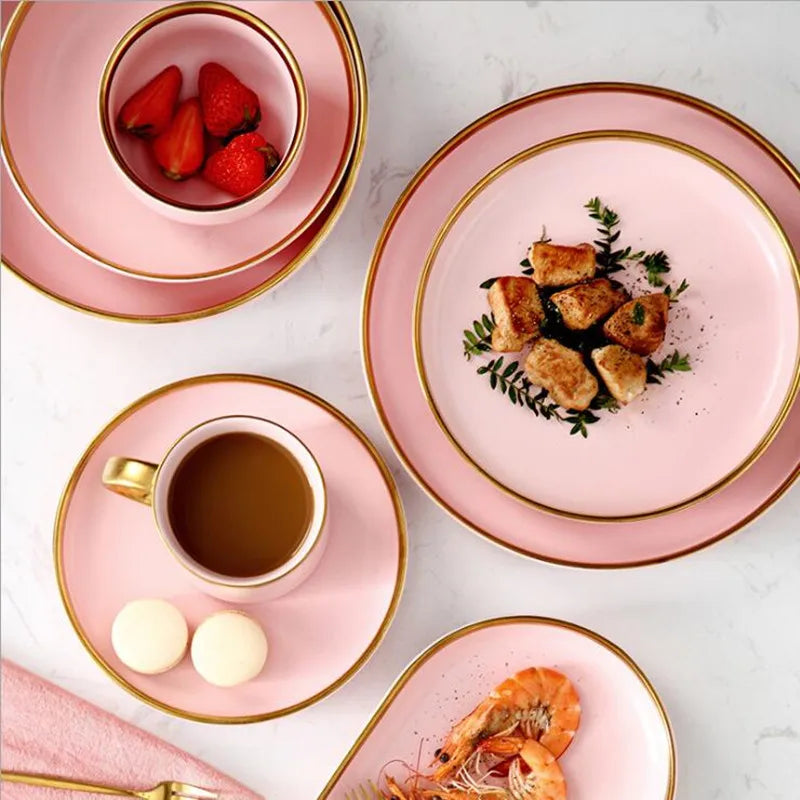 Pink porcelain dinner plate with gilt rim from 𝕄𝕔 𝕋𝕙𝕖 𝔹𝕝𝕒𝕔𝕜 𝔻𝕚𝕒𝕞𝕠𝕟