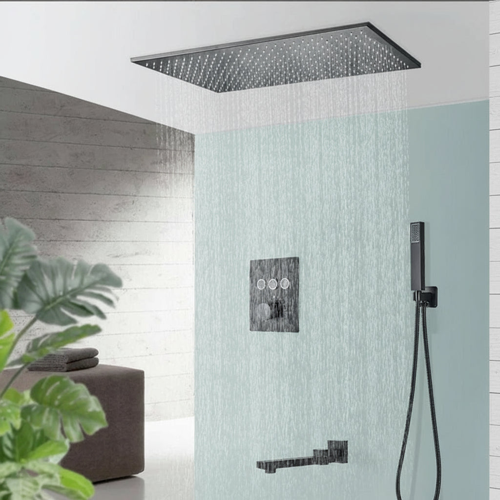 Matte black Rozin thermostatic shower faucet set with concealed installation, rainfall showerhead, and bath mixer tap by 𝕄𝕔 𝕋𝕙𝕖 𝔹𝕝𝕒𝕔𝕜 𝔻