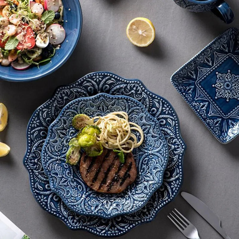 Blue retro relief ceramic kitchen dishes set by 𝕄𝕔 𝕋𝕙𝕖 𝔹𝕝𝕒𝕔𝕜 𝔻𝕚𝕒𝕞𝕠𝕟