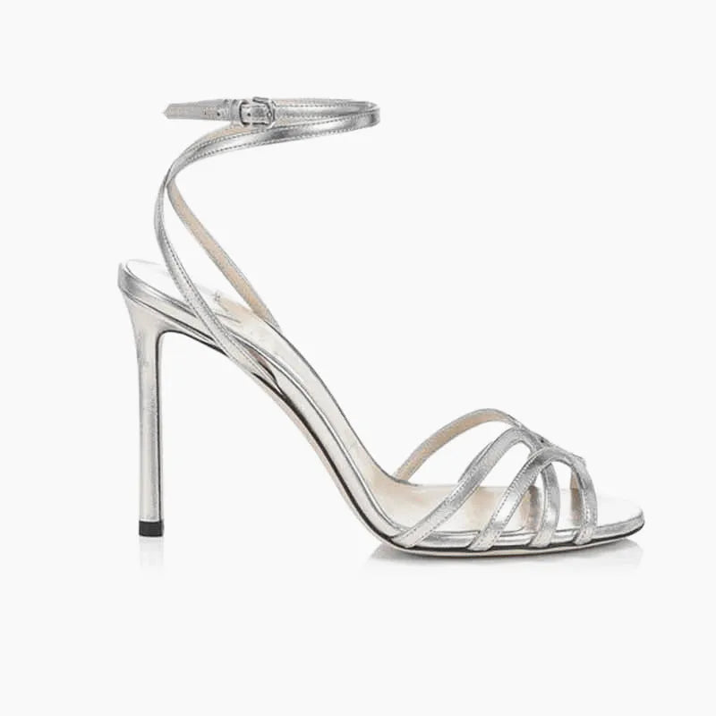 Black high-heeled sandals from FHC European, featuring peep toe, ankle cross straps, summer style, and stage show footwear.