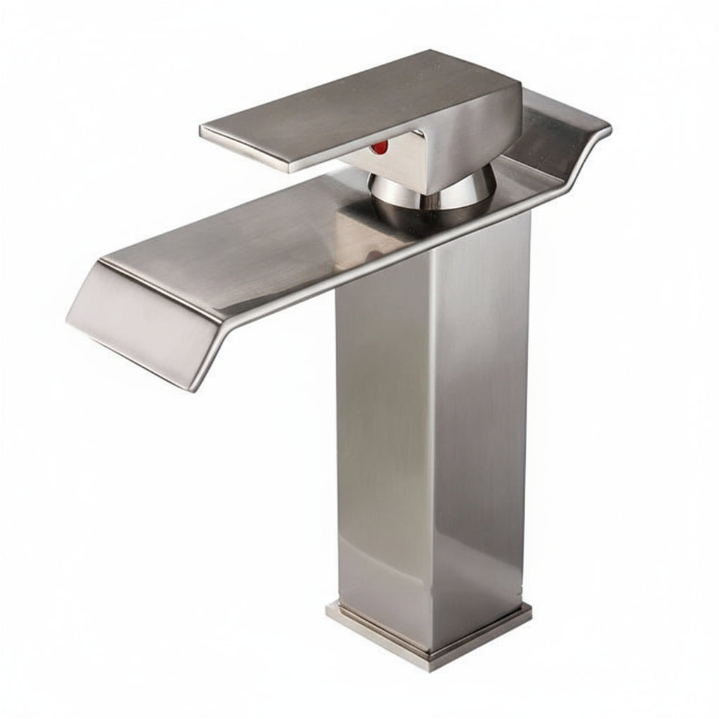 HD image of MC THE BLACK DIAMOND black waterfall bathroom faucet with basin vanity vessel sink in modern bath setting