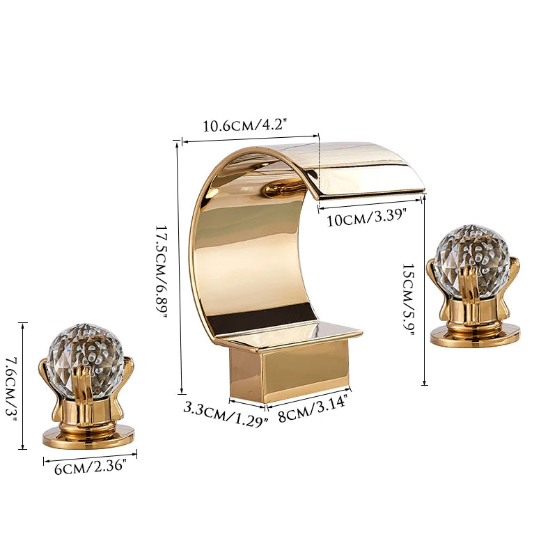 MC THE BLACK DIAMOND Shinesia luxury golden bathroom basin faucet with dual handles, waterfall spout, hot and cold water mixer for vessel sinks