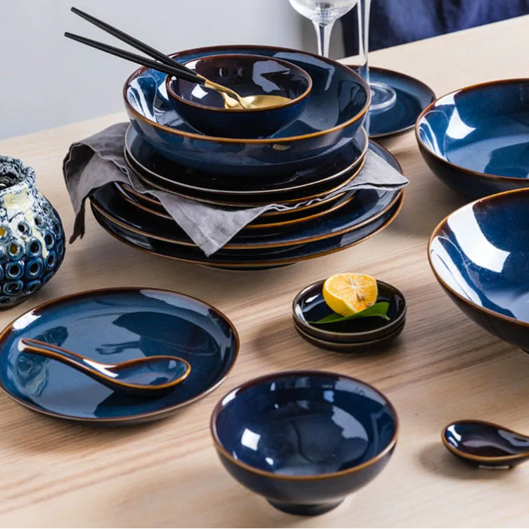 Deep blue ceramic dinnerware set by 𝕄𝕮 𝕋𝕙𝕖 𝔹𝕝𝕒𝕔𝕜 𝔻𝕚𝕒𝕞𝕠𝕟�