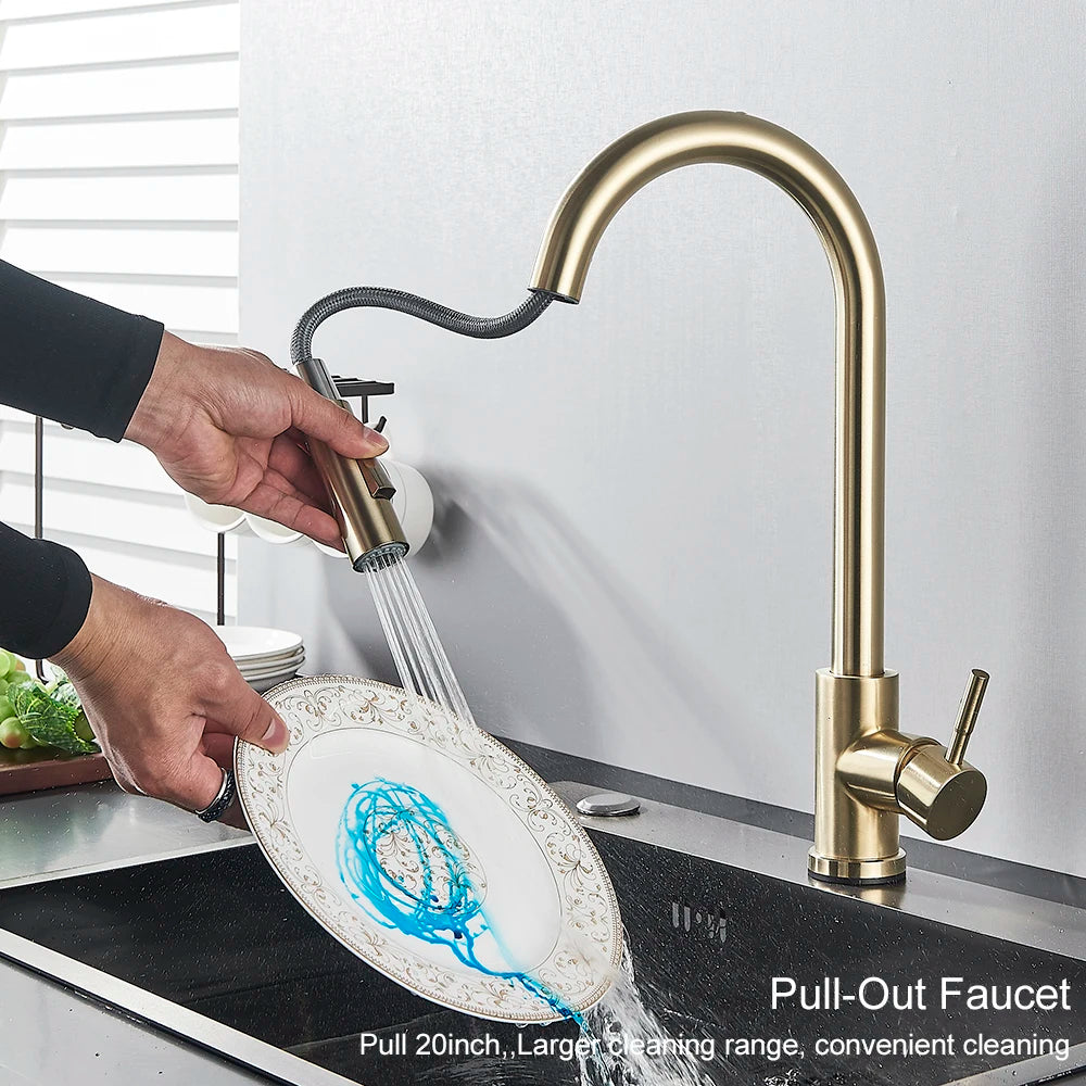 Black MC THE BLACK DIAMOND pull-out sensor kitchen faucet with touch control and mixer tap, shown installed on a modern kitchen sink.
