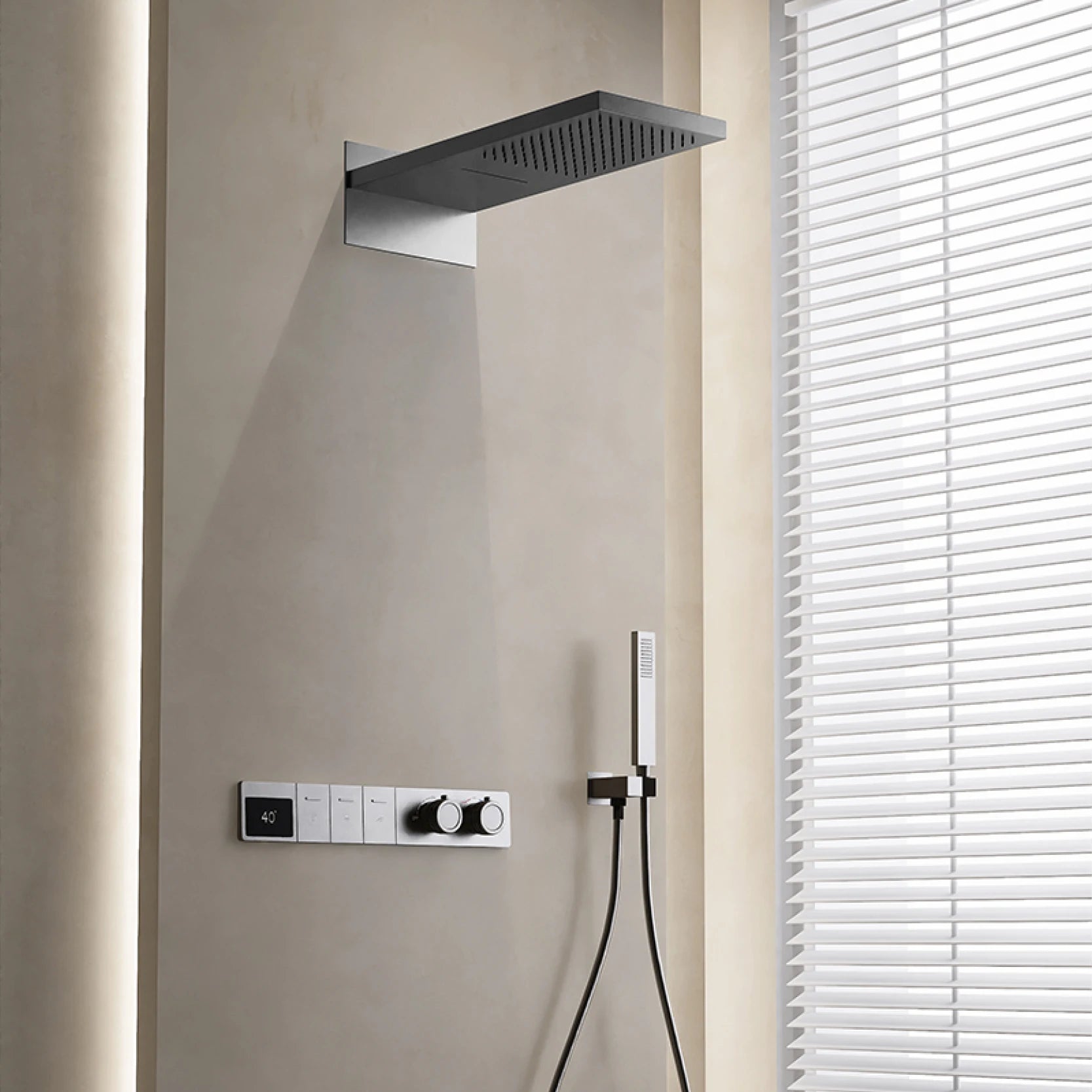 Elegant white brass shower system with digital display and dual control wall-mounted faucet, featuring hidden design by MC THE BLACK DIAMOND.