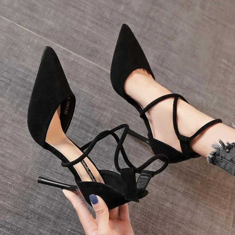 MC THE BLACK DIAMOND women's suede cross-strap Roman sandals with high heels, pointed toes, and one-line buckle detail.