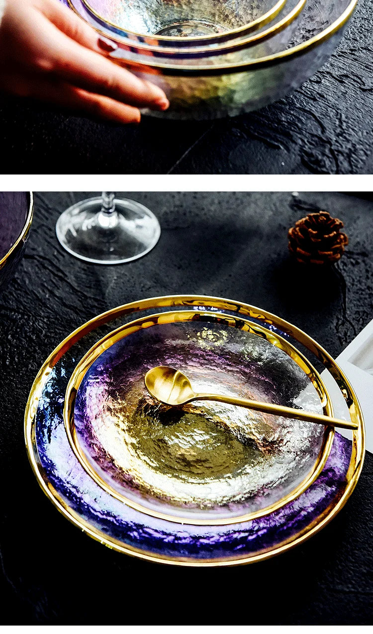 Rainbow glass dinner plates and salad bowls with gilt rim, clear serving tray from 𝕄𝕔 𝕋𝕙𝕖 𝔹𝕝𝕒𝕔𝕜 𝔻𝕚𝕒�