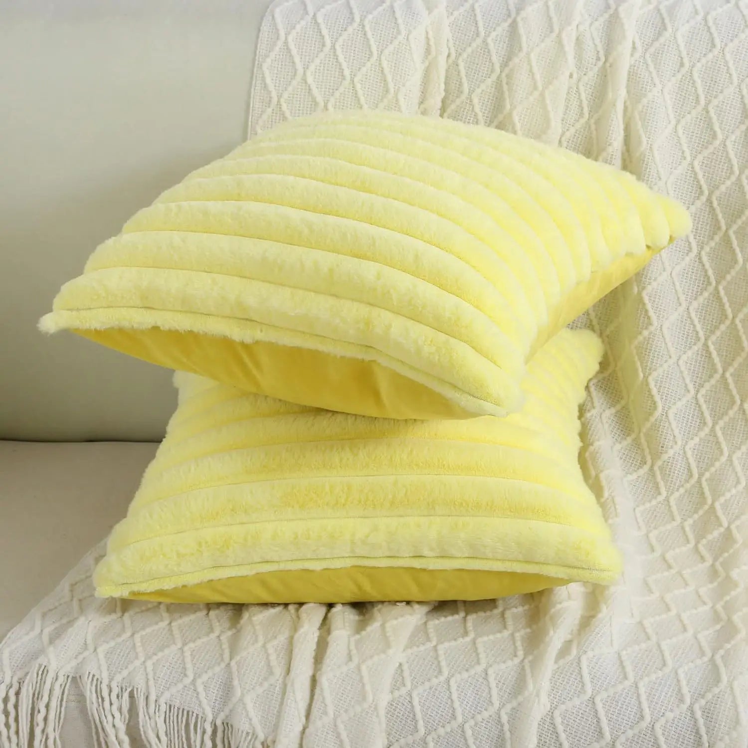 Soft faux rabbit fur square cushion cover by MC THE BLACK DIAMOND, 24x24 inch solid color pillow for sofa decor.