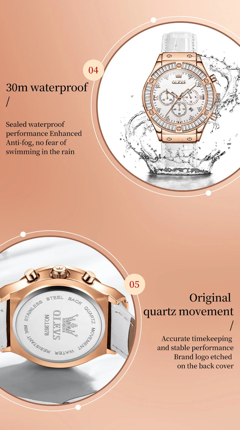 Elegant women's fashion watch with leather strap, diamond bezel, waterproof quartz movement, from Mohamad Collection.