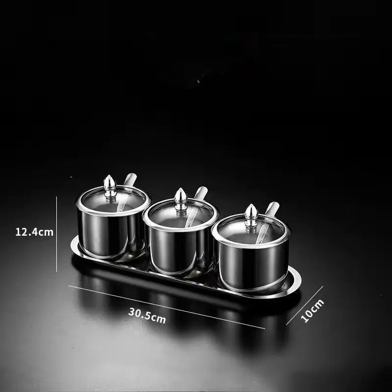 Gold MC THE BLACK DIAMOND 304 seasoning box with glass cap, spoon, and spice jar for salt, soy sauce, and flavoring storage.