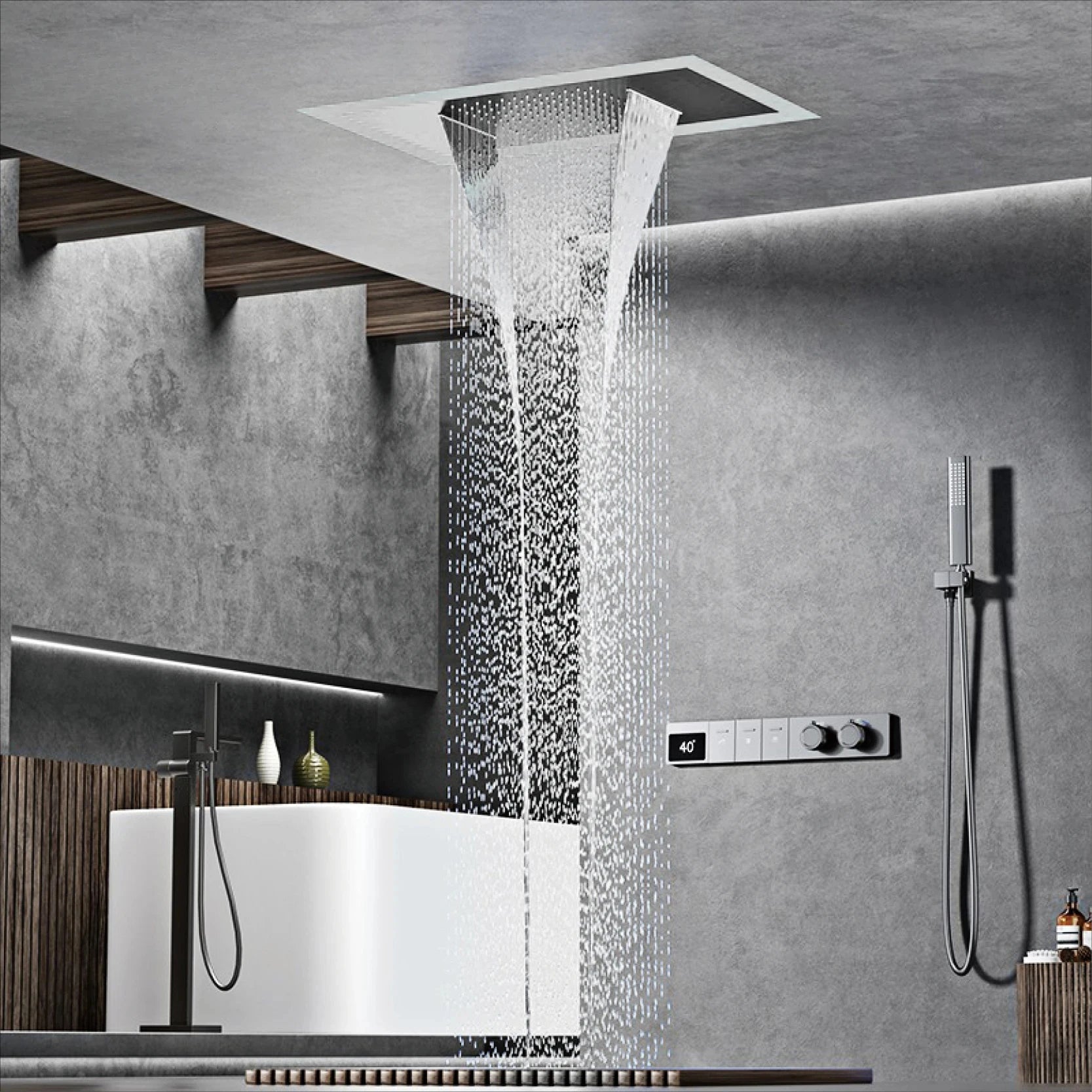 Luxury brass gun gray ceiling shower system with LED digital display, hot and cold water control, embedded bathroom faucet by 𝕄𝕔 𝕋𝕙𝕖 𝔹𝕝𝕒𝕔𝕜 𝔻�