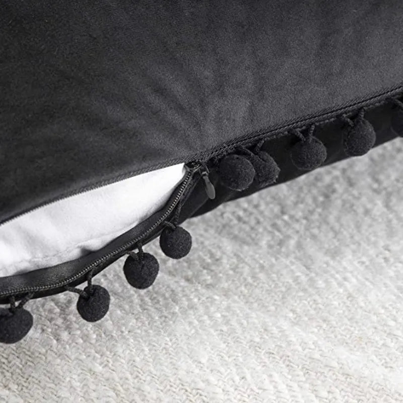 MC THE BLACK DIAMOND velvet throw pillow cover with pom-pom accents, large soft cushion case for sofa or home decor.