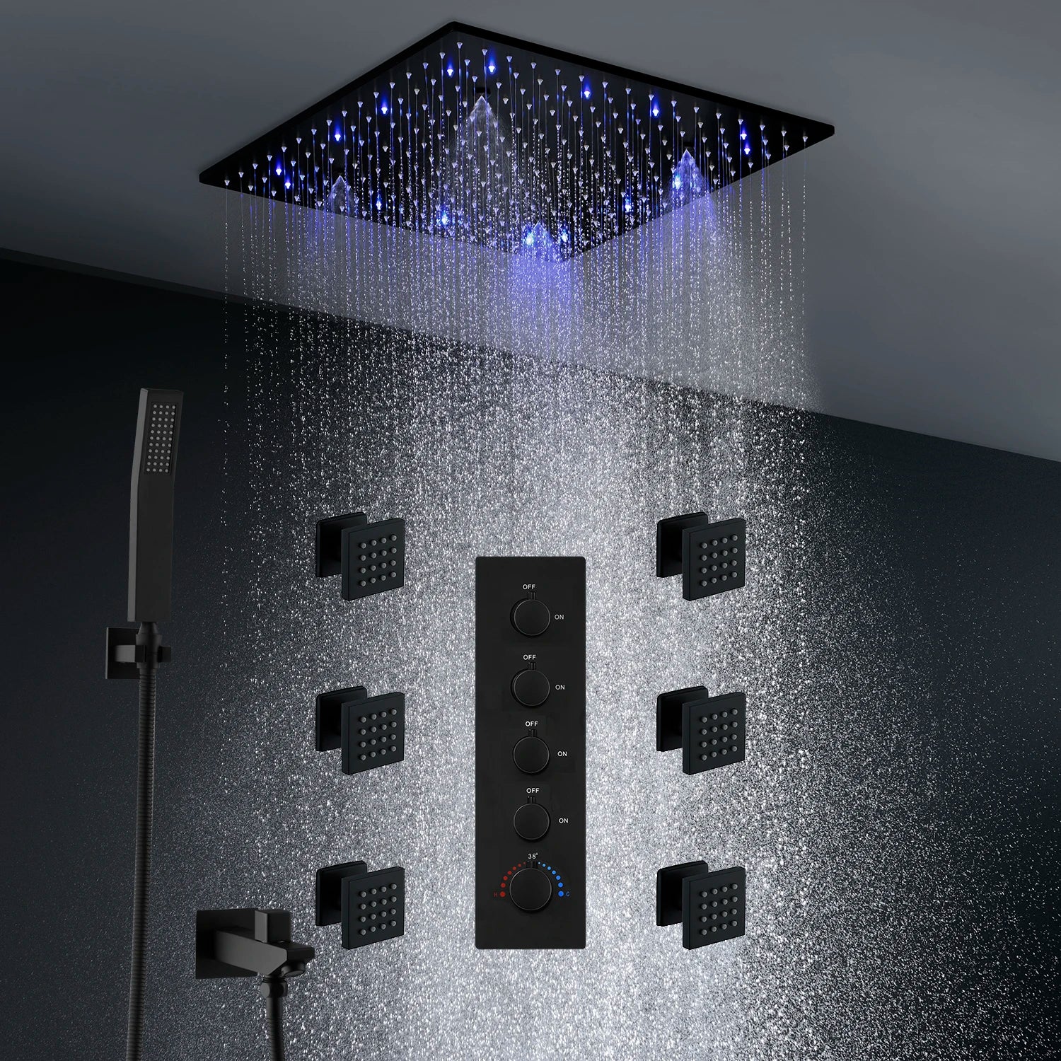 Luxury MC The Black Diamonds rainfall mist spray LED shower head set with side massage jets, 16/20 inch bath fixture, and temperature control