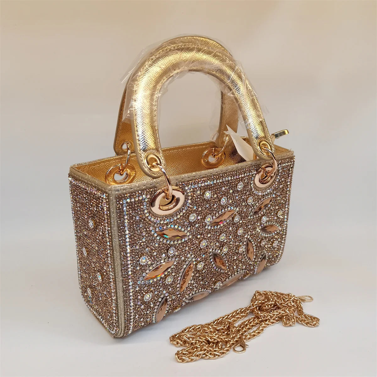 MC THE BLACK DIAMOND rhinestone evening handbag with long chain, embellished clutch, casual stylish women’s hand bag in image.