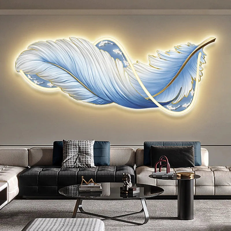 Luxury MC The Black Diamond wall light fixture with luminous feather mural design, ideal for living room or sofa background decor.