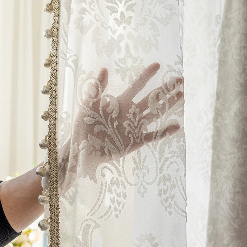 Beige jacquard chenille curtains by MC THE BLACK DIAMOND, ideal for living rooms, bedrooms, and balconies with custom window screens.