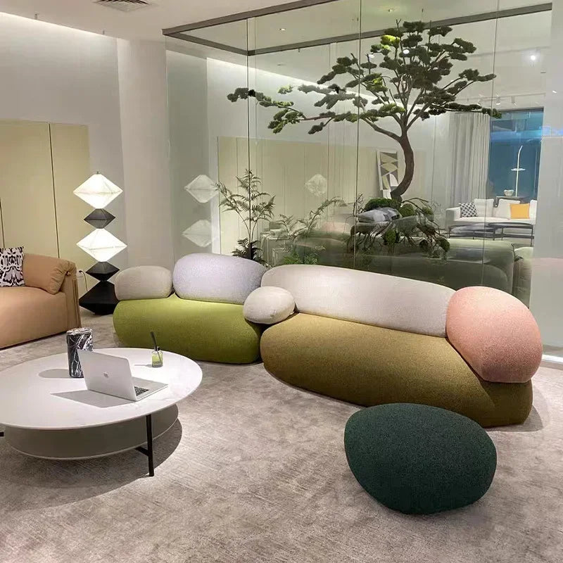 Luxury MC THE BLACK DIAMOND sofa in pebble fabric with unique shape, sponge cushioning, and living room style.