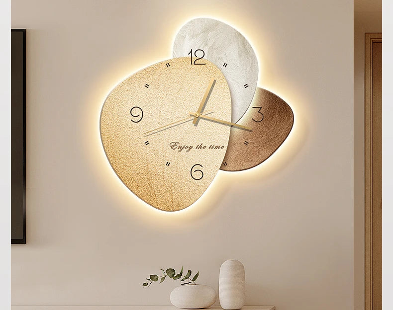 Modern MC THE BLACK DIAMOND wall clock with silent movement, digital display, and artistic stone background for living or dining rooms.