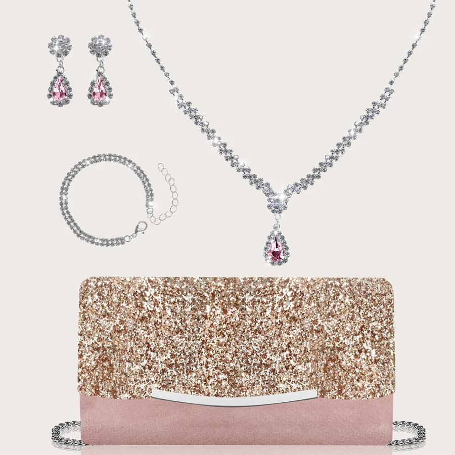 Stylish MC THE BLACK DIAMOND sequined women's evening handbag with rhinestone jewelry set including necklace, earrings, and bracelet.