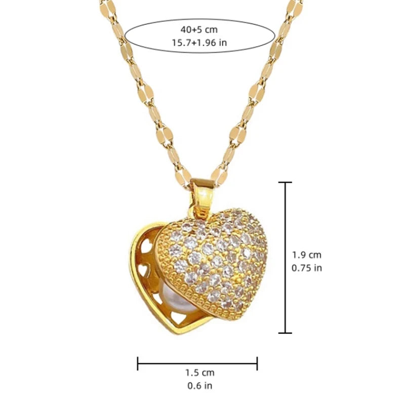 Gold stainless steel ZAKOL French shell pearl necklace with love heart charm, perfect for women’s wedding or special occasion jewelry.