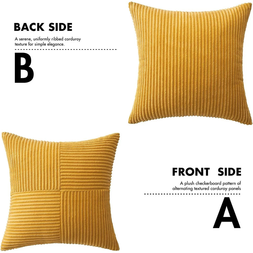 Mustard yellow corduroy throw pillow cover with boho spliced cross patchwork texture, soft cushion case by MC THE BLACK DIAMOND