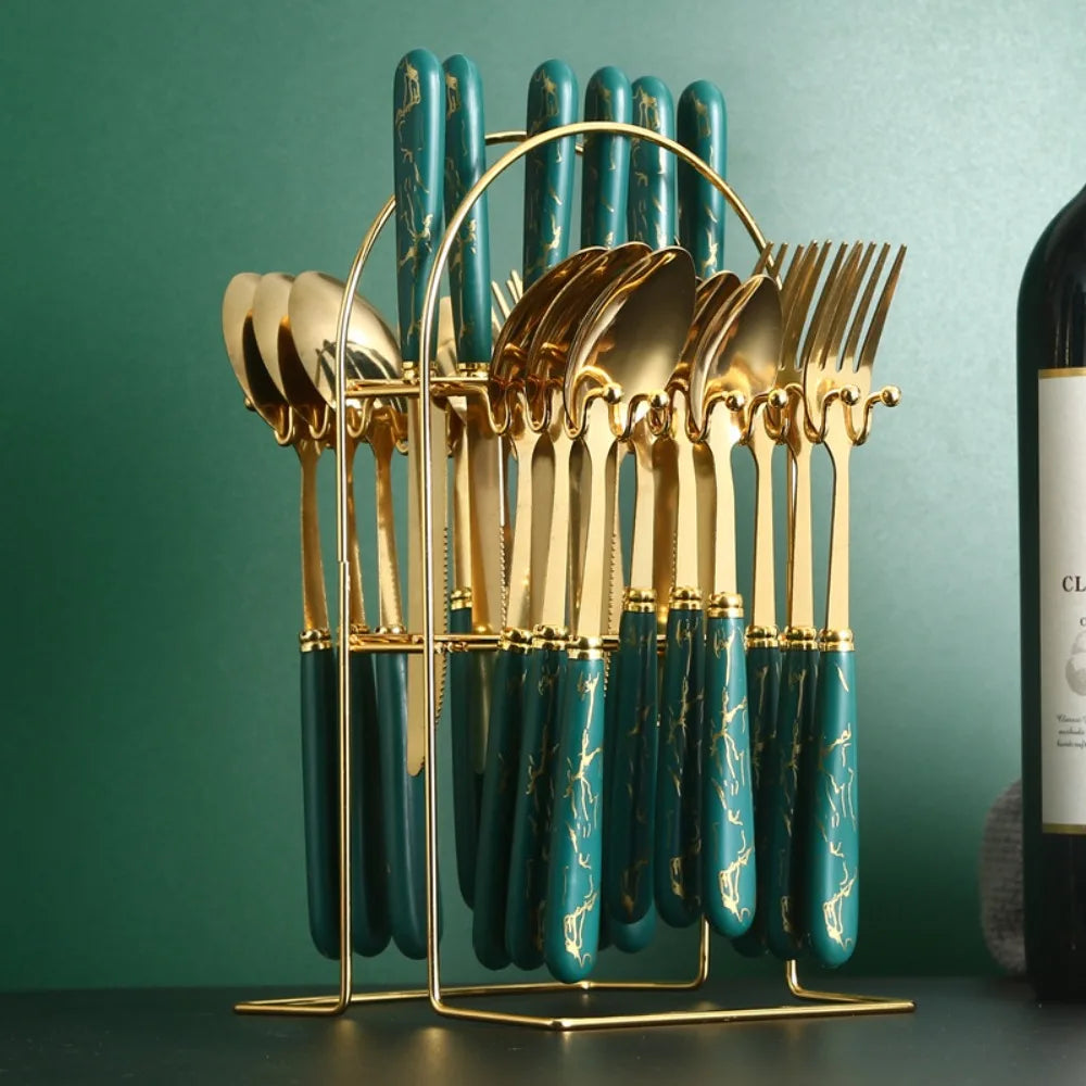 24pcs stainless steel marbled kitchen tableware mirror set with sleek, reflective finish for elegant dining.