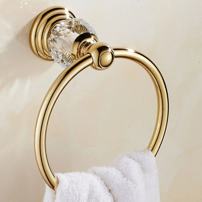 Luxury gold polished brass bathroom accessories set with wall-mounted crystal details from 𝕄𝕔 𝕋𝕙𝕖 𝔹𝕝𝕒𝕔𝕜 𝔻𝕚𝕒𝕞�