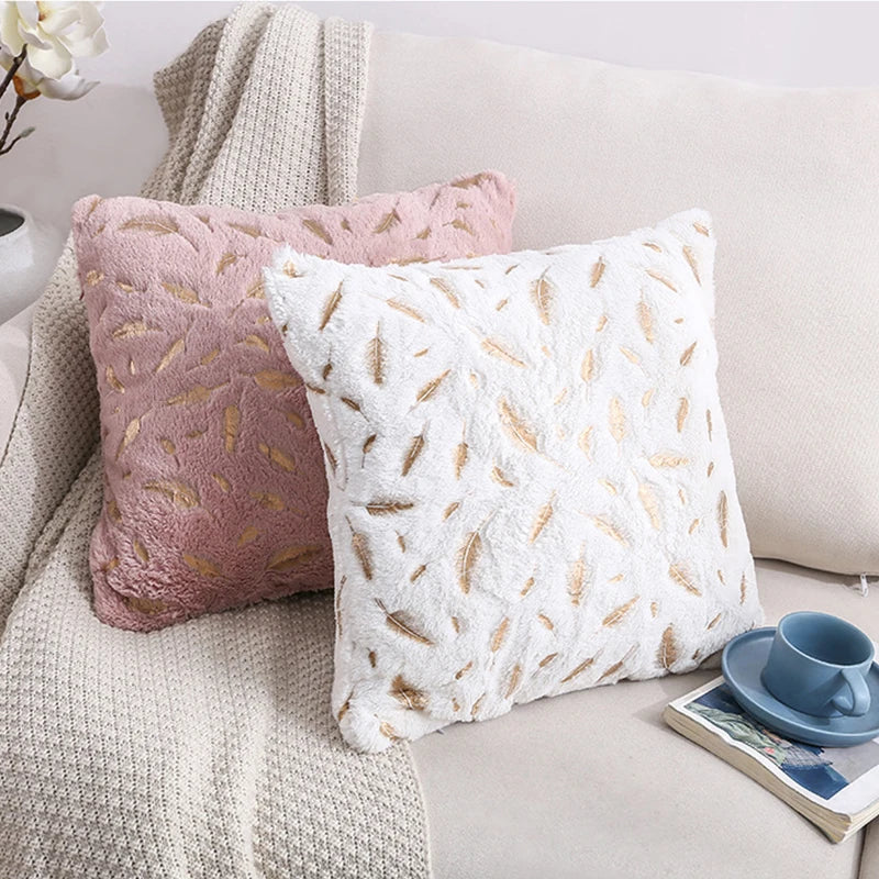 Gold feather velvet pillow cover with decorative plush design, 45x45 cm, perfect for sofa or car, by 𝕄𝕔 𝕋𝕙𝕖 𝔹𝕝𝕒𝕔𝕜 𝔻