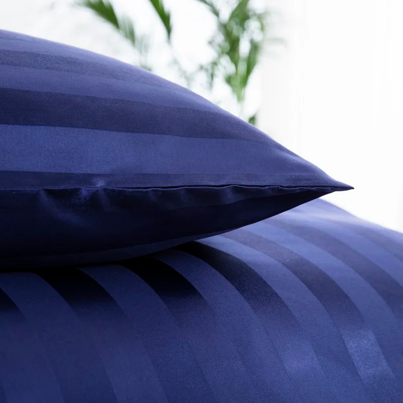 Ivory white satin striped duvet cover set by MC The Black Diamonds, silky-like bedding in full, queen, king, single, or double sizes.
