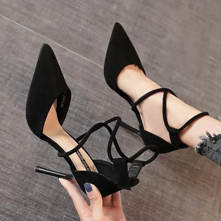 MC THE BLACK DIAMOND women's suede cross-strap Roman sandals with high heels, pointed toe, one-line buckle, and fine heel design.