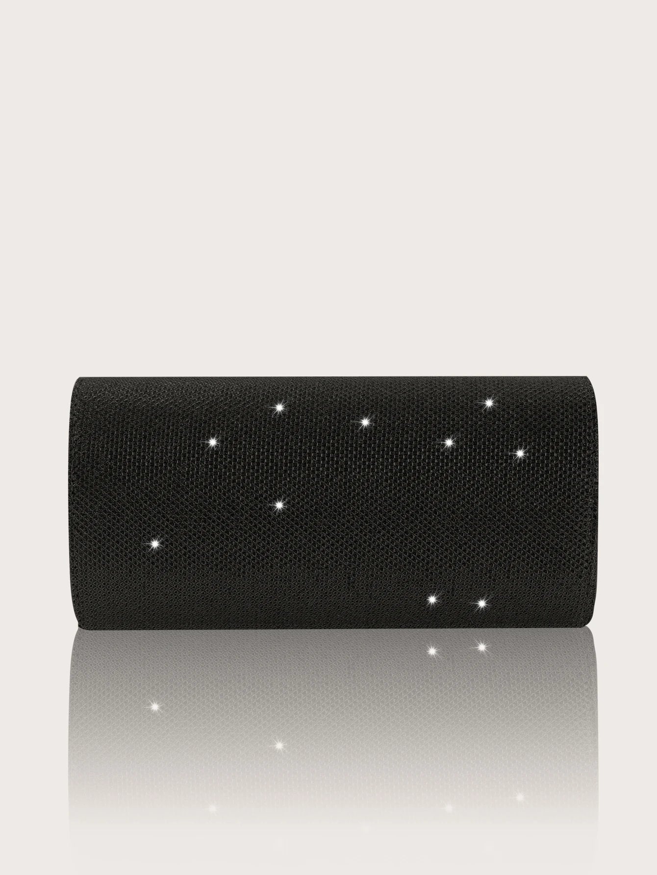 Elegant MC THE BLACK DIAMOND sparkly party clutch bag with matching rhinestone necklace, earrings, and bracelet set.