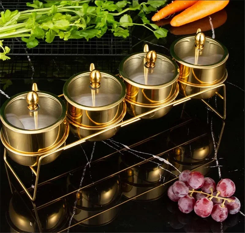 MC THE BLACK DIAMOND gold 304 seasoning box with glass cap, spoon, and spice jar for salt, soy sauce, and flavoring storage in kitchen