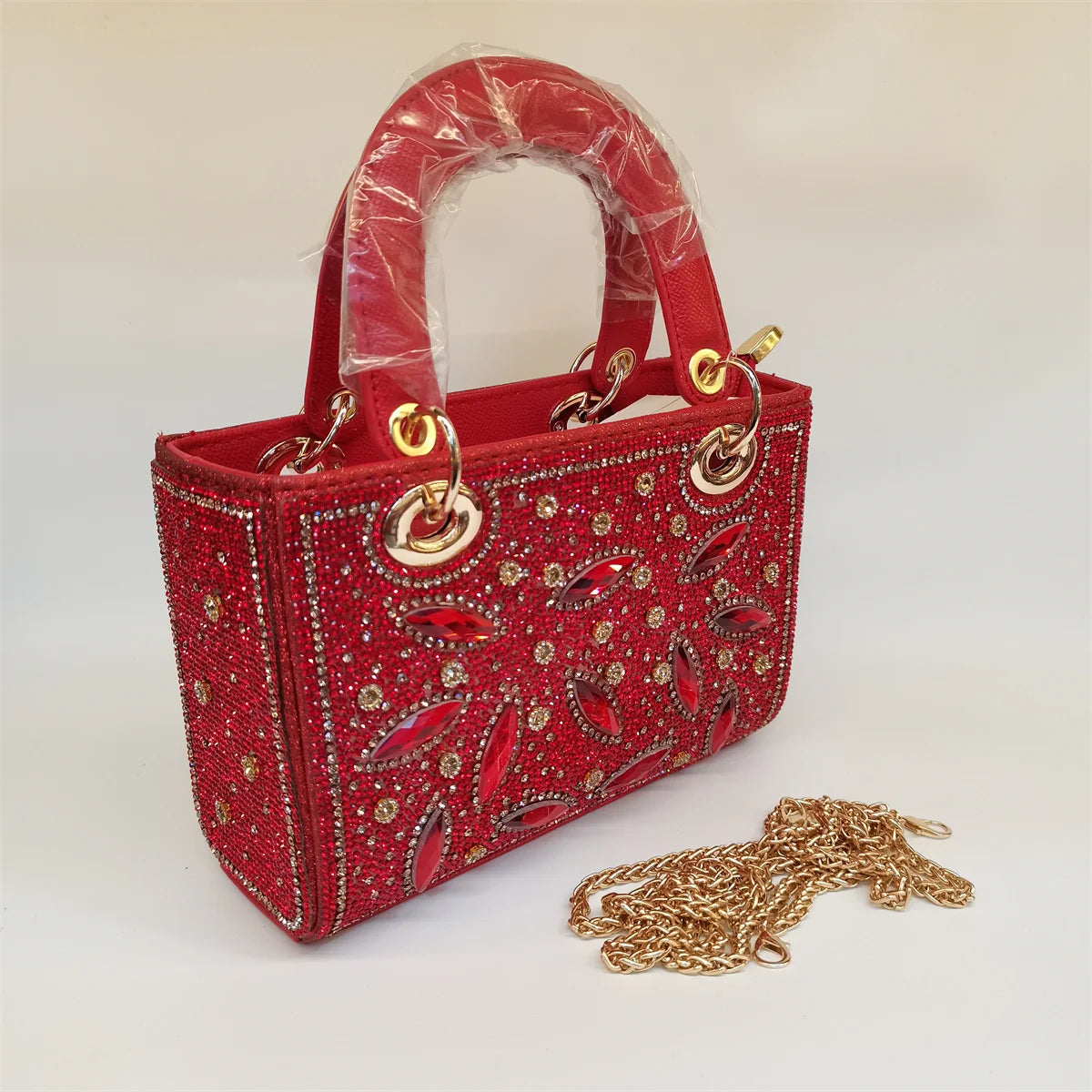 MC THE BLACK DIAMOND women's rhinestone evening clutch handbag with long chain, embellished casual style, front view.
