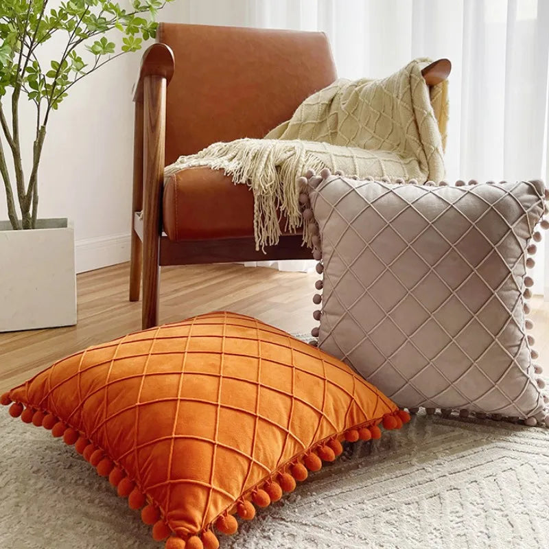 Yellow orange velvet lumbar pillow cover with diamond stripes, pompom tassels, 30x50cm or 45x45cm, home decor by MC THE BLACK DIAMOND