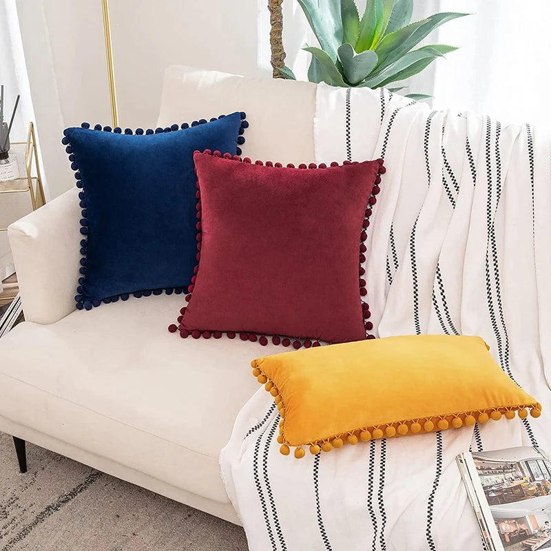 MC THE BLACK DIAMOND velvet throw pillow cover with pom-pom accents, large solid cushion case for sofa or home decor.