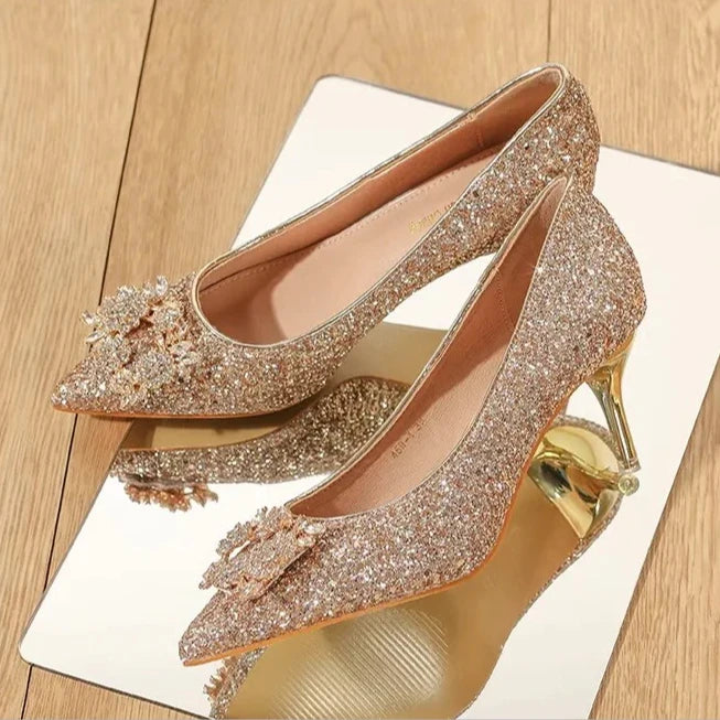Women's high heel shoes by Mohammad Collection featuring elegant crystal embellishments, pointed toe, and retro shallow mouth design.