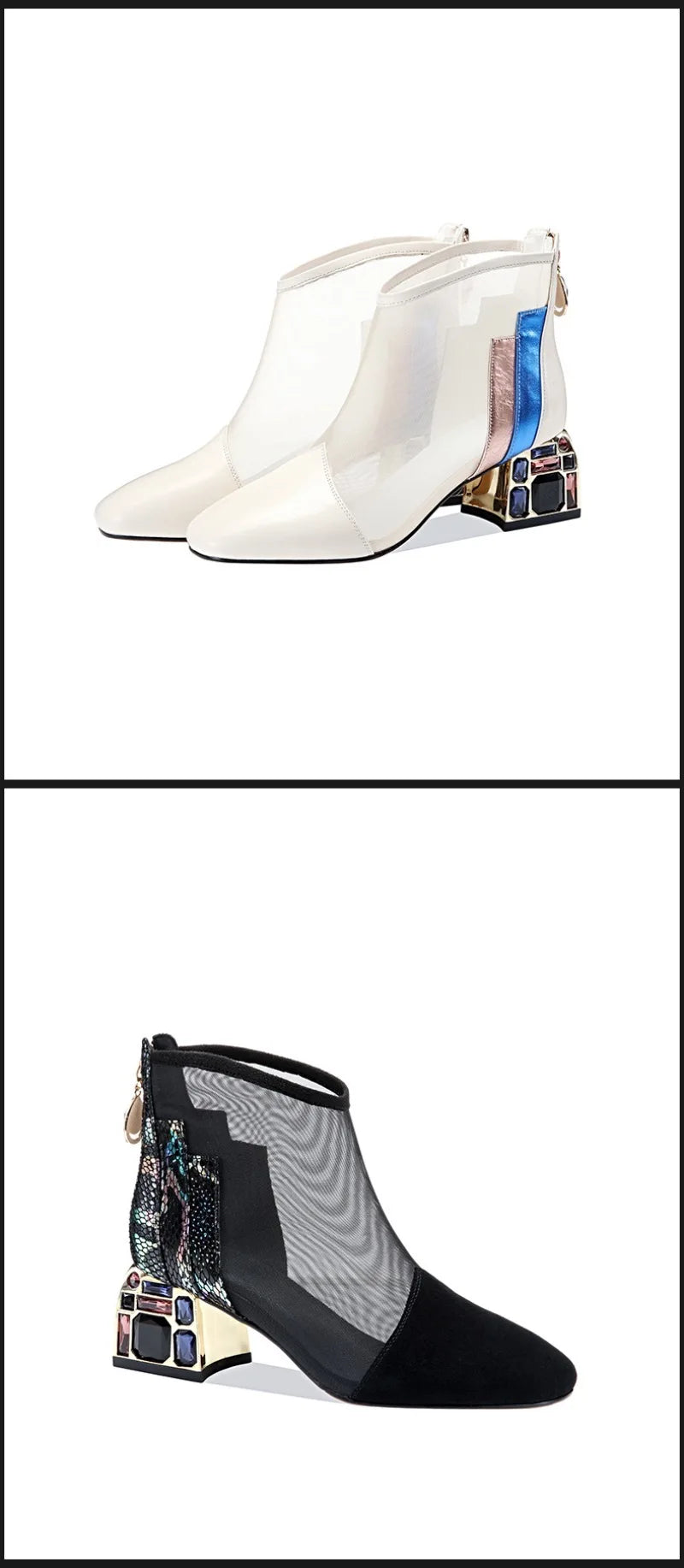 Luxury rhinestone summer ankle boots for women with mesh, pointed toes, thick heels, and casual style from Mohamad Collection.