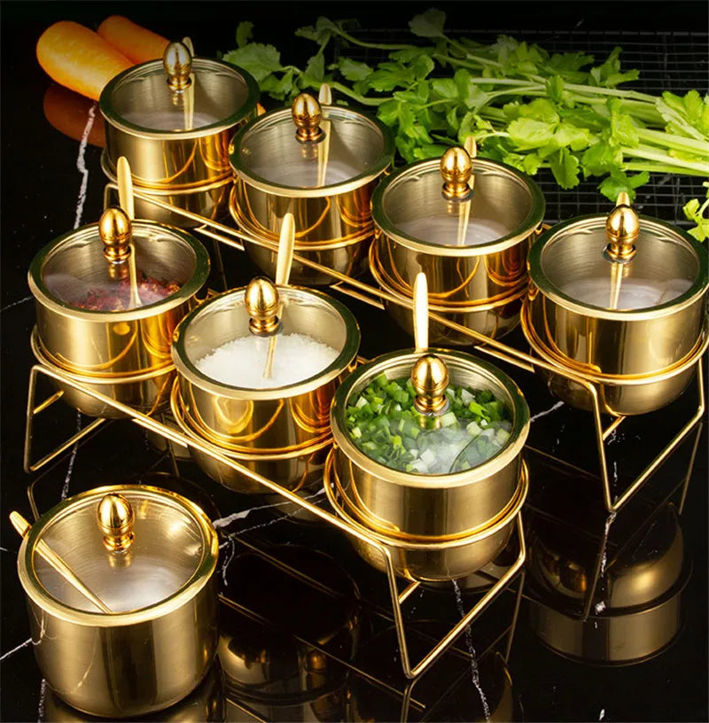 Gold MC THE BLACK DIAMOND 304 seasoning box with glass cap, spoon, spice jar, salt storage, and soy sauce dish for kitchen use.