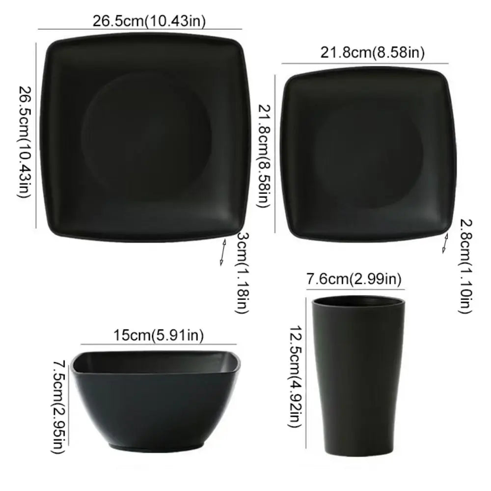 16-piece plastic dinnerware set by MC The Black Diamonds, square kitchen plates and bowls in vibrant colors.
