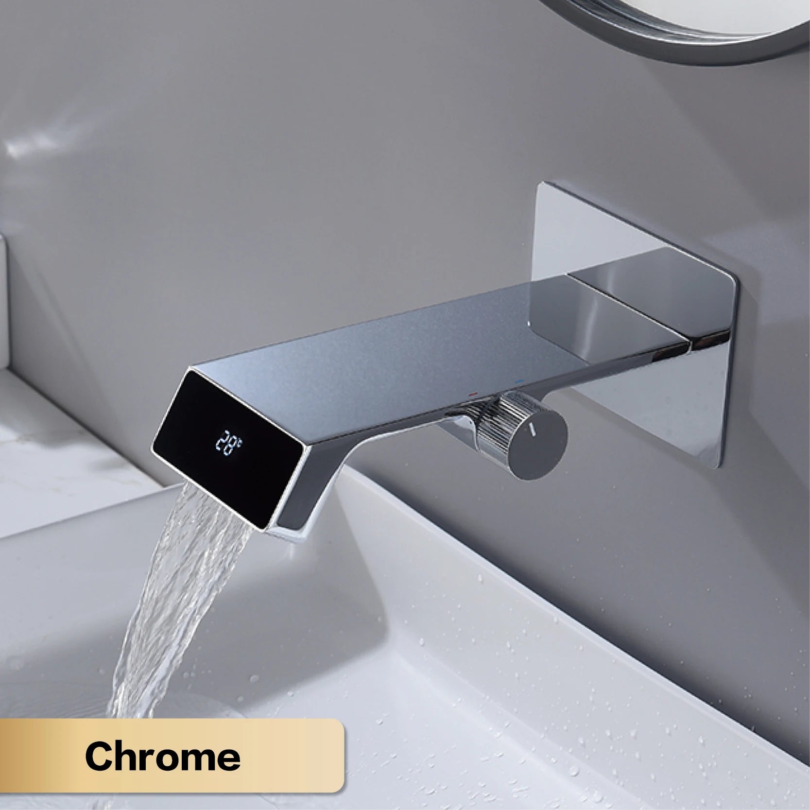 Luxury gray brass bathroom faucet with LED digital display, designed by MC THE BLACK DIAMOND, featuring modern home decor style